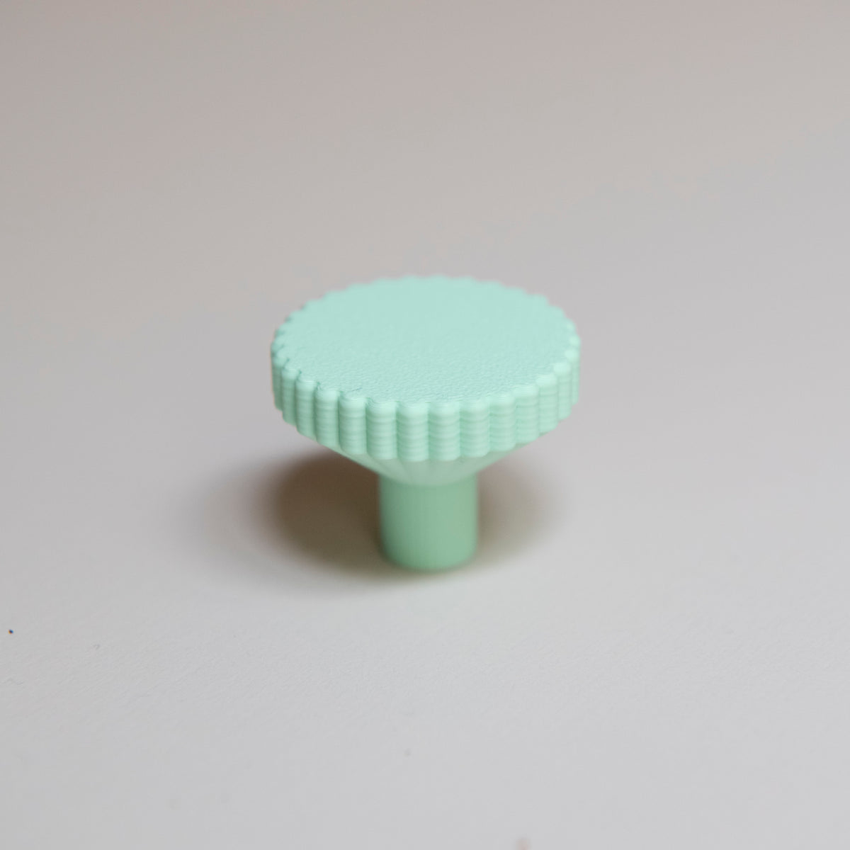Bouton de meuble Biscuit couleur vert clair, créé en collaboration entre Studio Couleur et Polycoco, en bioplastique éco-responsable. 