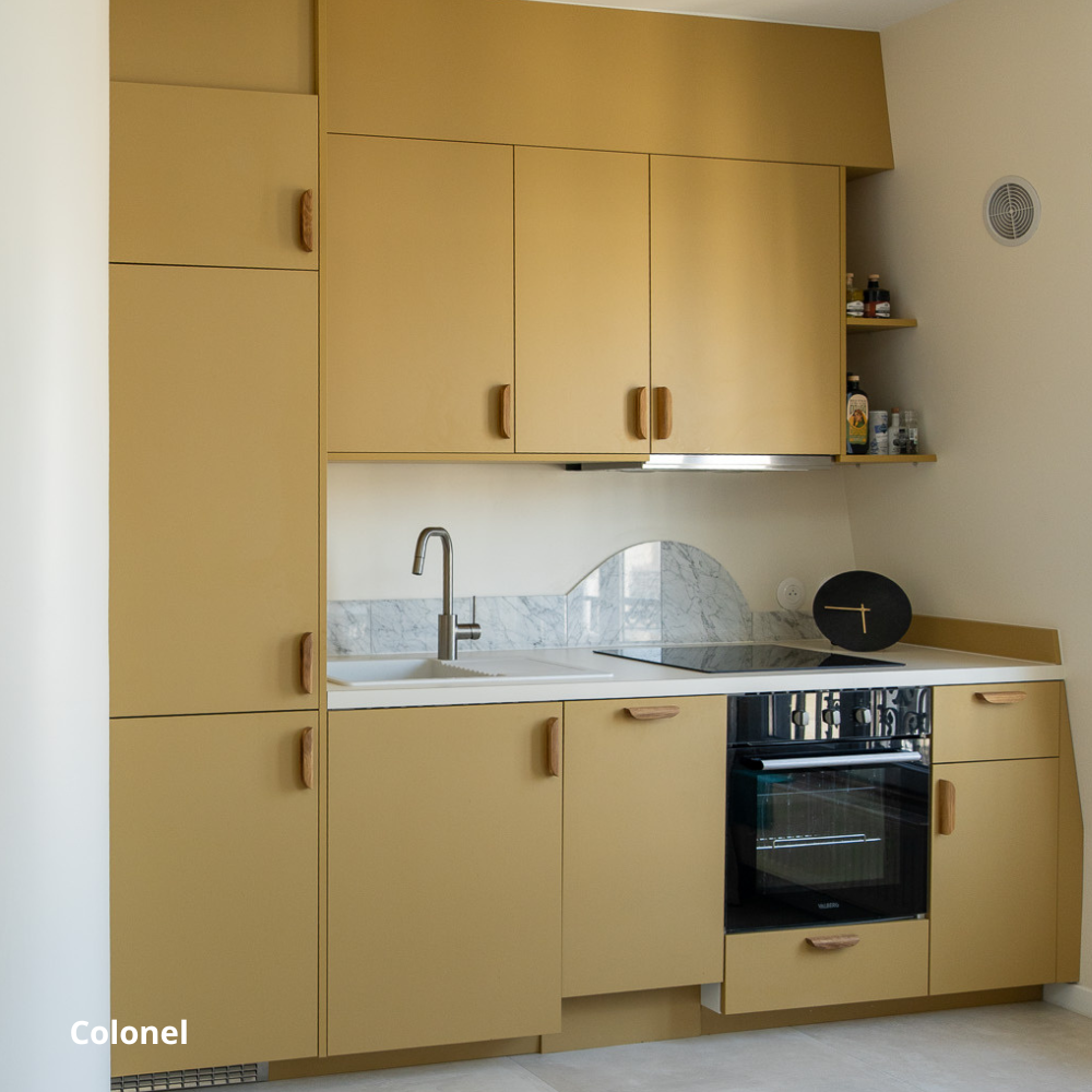 Petite cuisine linéaire jaune moutarde coloris "Colonel" Studio Couleur, caissons Ikea Metod. Poignées bois.