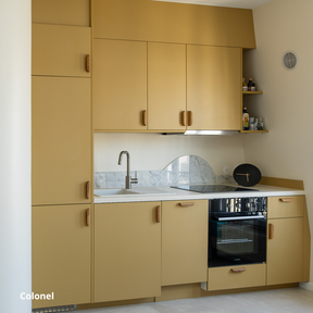 Petite cuisine linéaire jaune moutarde coloris "Colonel" Studio Couleur, caissons Ikea Metod. Poignées bois.