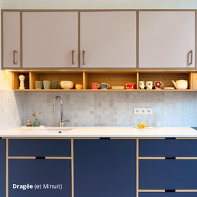 Cuisine linéaire bleue et rose montée sur des caissons Ikea Metod, aux façades de portes coloris "Dragée" et "Minuit" Studio Couleur. 