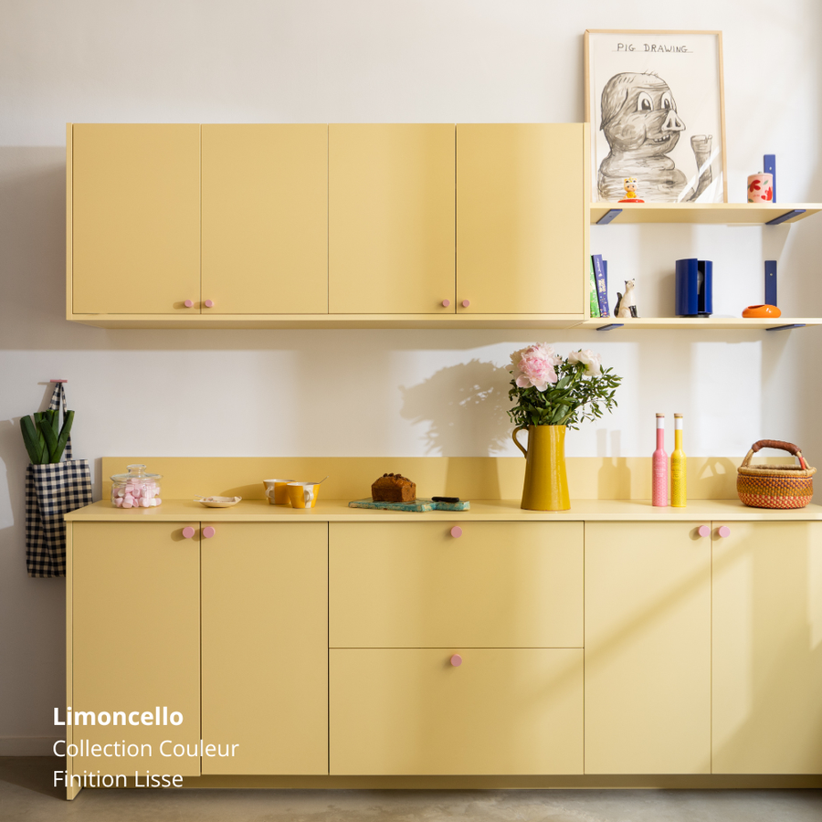 Petite cuisine linéaire Ikea Metod aux façades, portes, plan de travail  et étagères jaunes coloris "Limoncello" Studio Couleur.