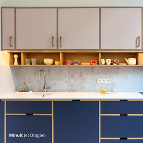 Cuisine linéaire bleue et rose montée sur des caissons Ikea Metod, aux façades de portes coloris "Dragée" et "Minuit" Studio Couleur. 