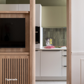 Portes hautes de cuisine vertes coloris "Tapenade" Studio Couleur. Caissons Ikea Metod.