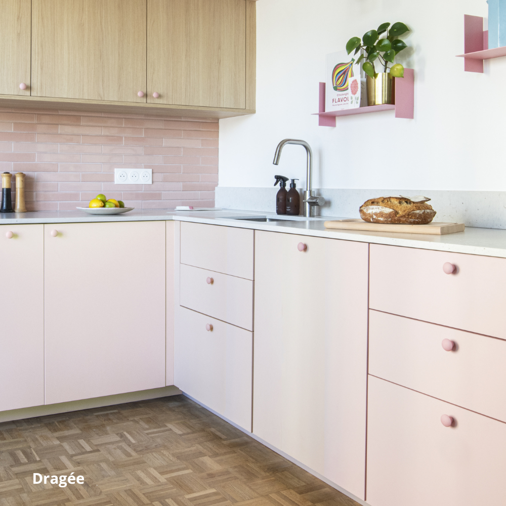 Cuisine moderne en L, caissons Ikea Metod, et portes roses en bas, bois en haut